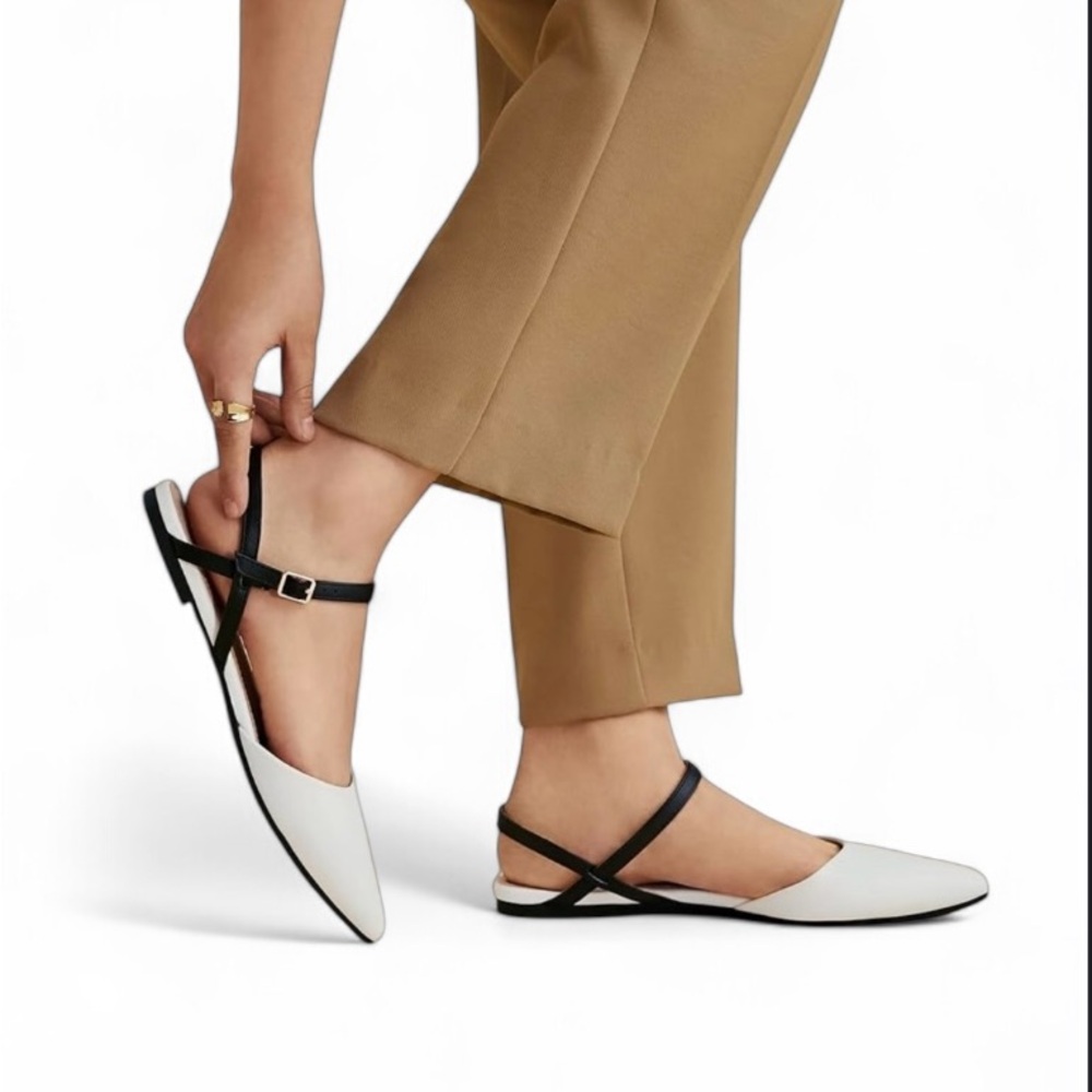 White Pointed Flats w/ Ankle Strap - Size 9.5 - Small Stain on Left Shoe